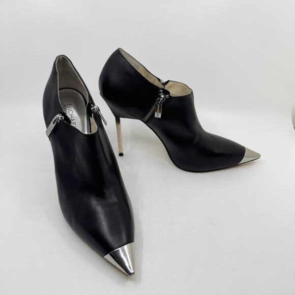 MICHAEL KORS 'Zady' Black Leather Silver Toe-Cap Heeled Booties - Picture 1 of 11